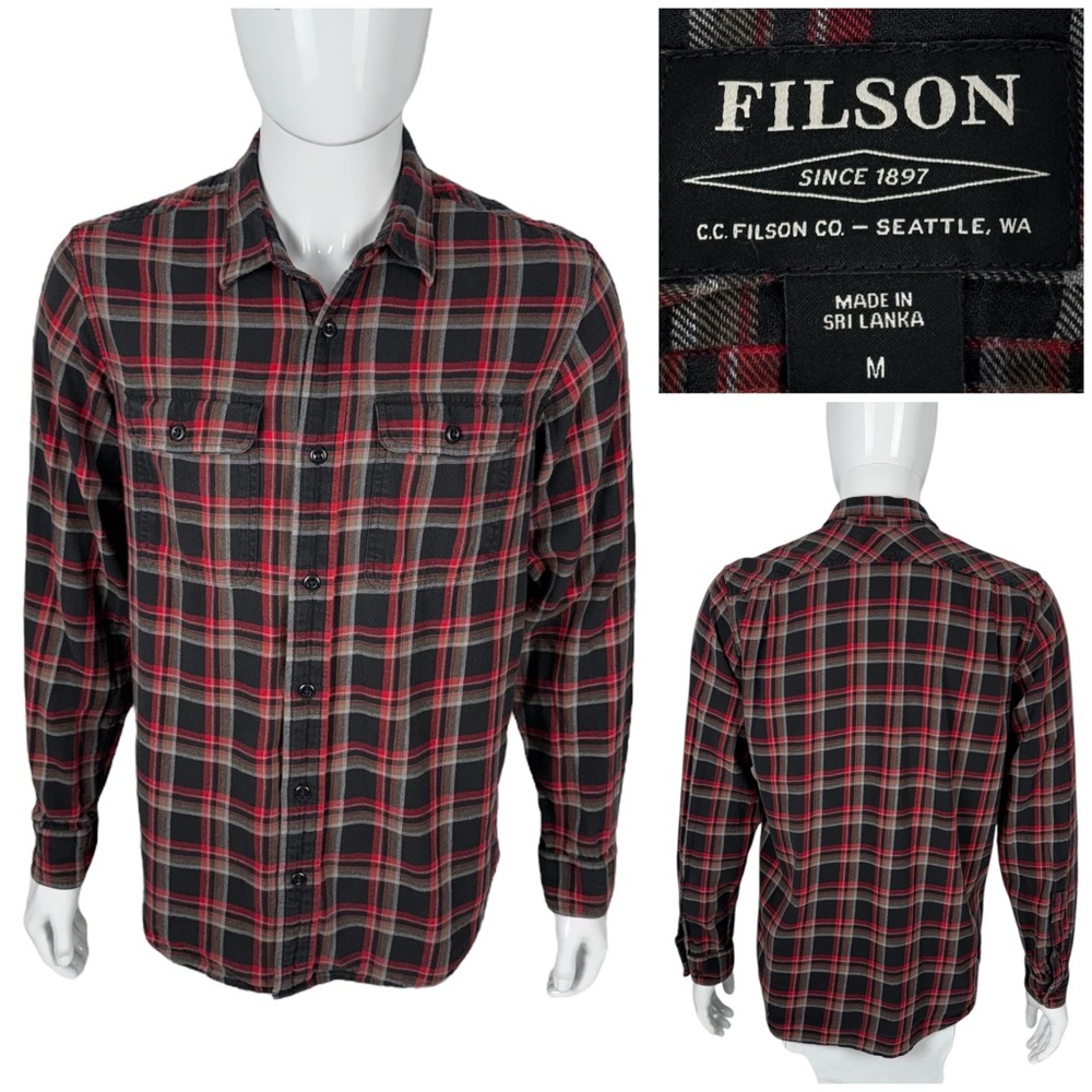 Filson Mens Medium Shirt Plaid Black Red Gray 100% Cotton Button Front Outdoor